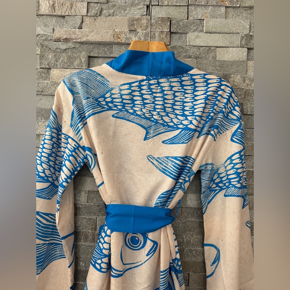 Blue Fish Swimsuit Bathing Suit Coverup Kimono Mini Dress Small - Picture 8 of 11